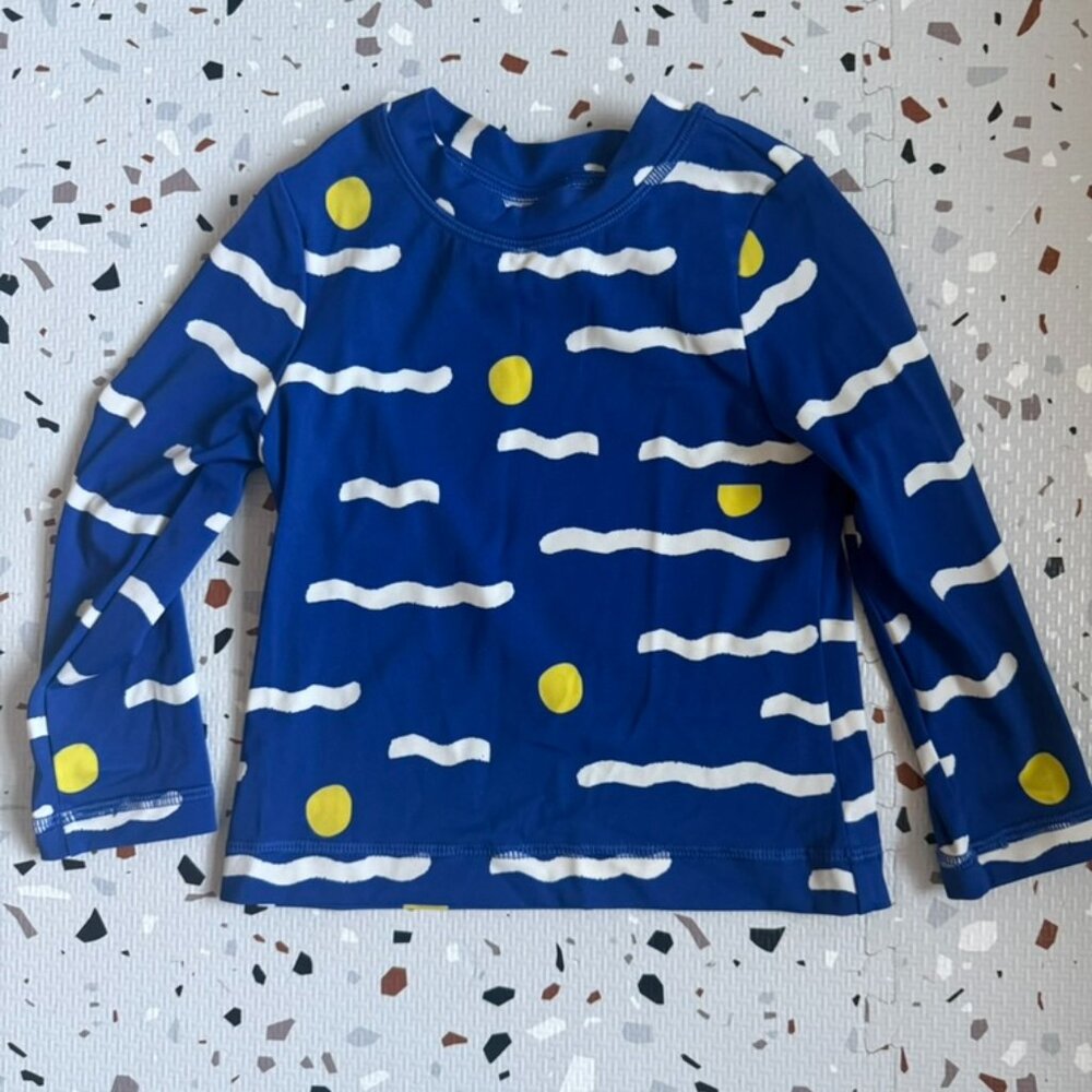 Blue and White Wave and Yellow Dot Rash Guard Swim Top